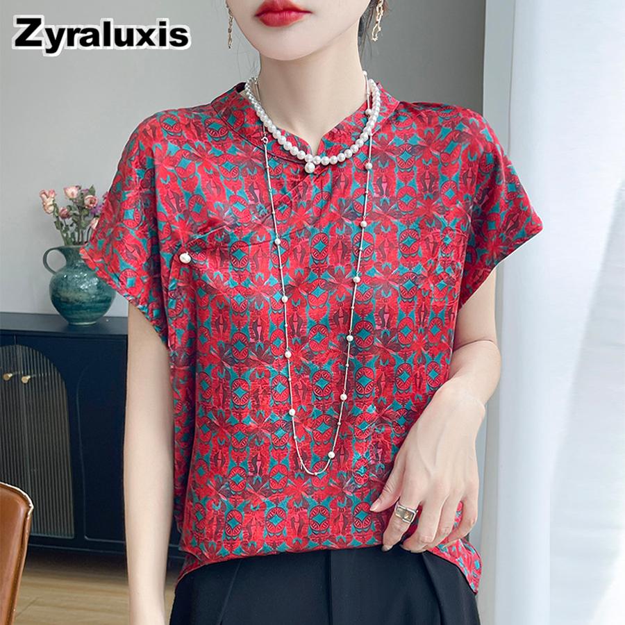 Silk Charmeuse Printed Short Sleeve Top Women's Mandarin Collar Cheongsam Shirt