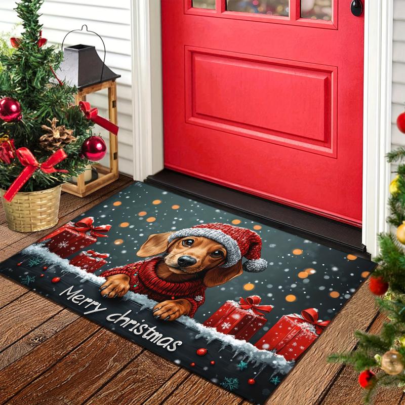 VIKAMA Merry Christmas Dachshund Entry Doormat Snowflake Gift Pattern Non Slip Mat For Porch Indoor Home Christmas Decoration