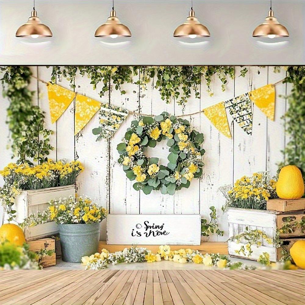 2D plan view, 1 lemonade stand background, decorated with spring flower patterns - yellow