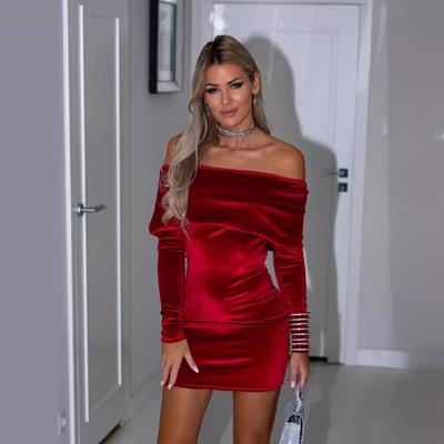 Vestido de mujer de moda de color sólido sexy tubo de un solo cuello ajustado paquete cadera vestido de terciopelo vestidos