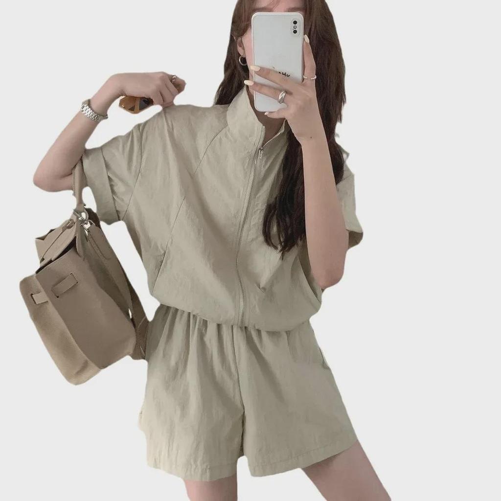 2024 Women's Pink Sun Protection Casual Sports Two-Piece Set - Loose-Fit Summer Suit with Thin Shorts.