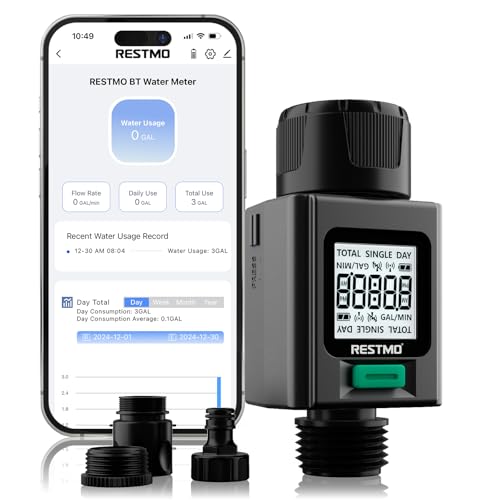 

RESTMO Smart Water Flow Meter, 180° Adaptive Garden Hose Tap Meter, Measures Gallon/Liter Consumption and Flow Rate for Outdoor Garden Hose Sprinklers