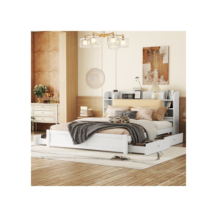 Lit - 180x200 cm - Tête de lit relevable - 4 tiroirs - Rangement intégré - Blanc