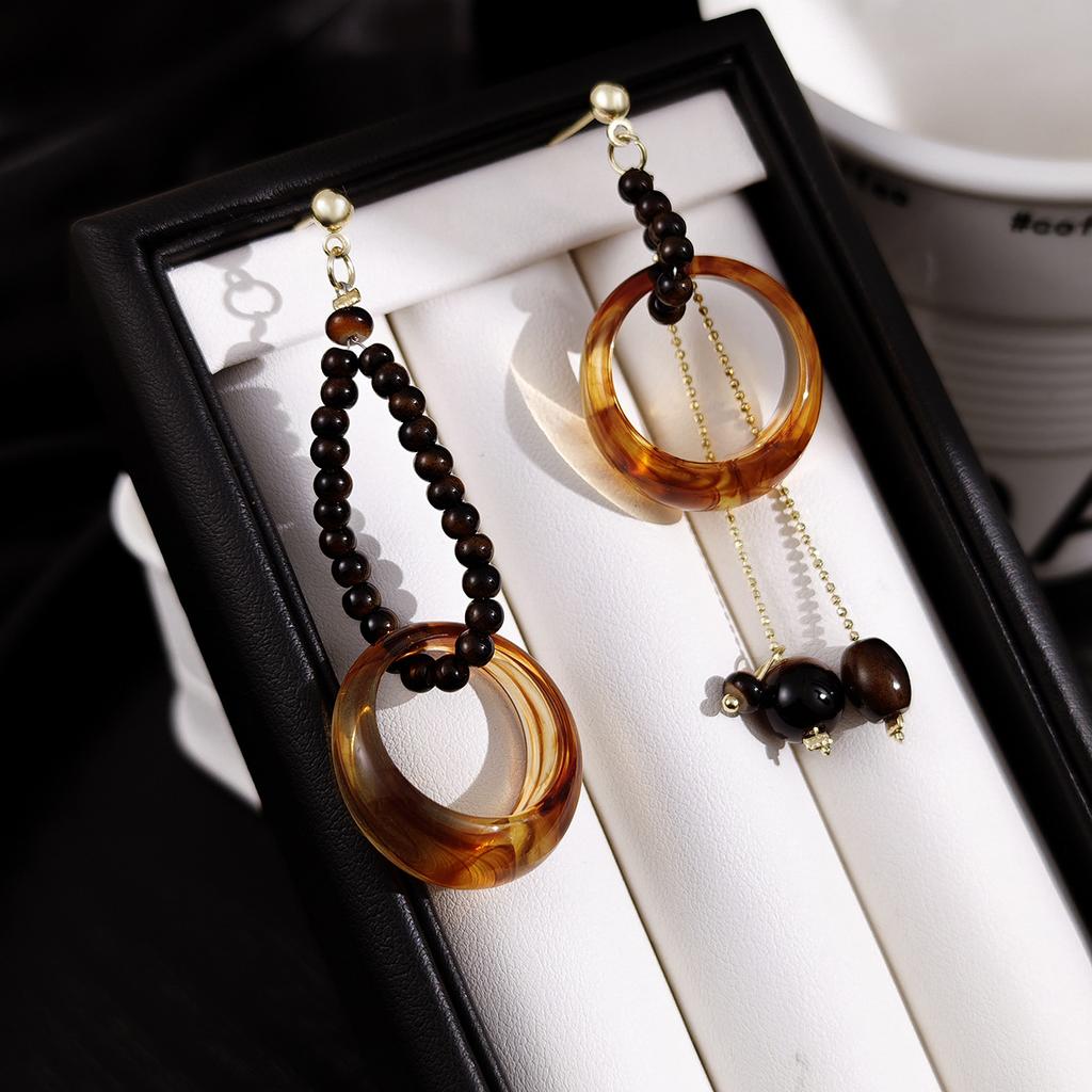 Vintage Maillard Beaded Fringed Earrings Autumn And Winter Asymmetrical High-End Sense Niche Unique Earrings Women'S Models