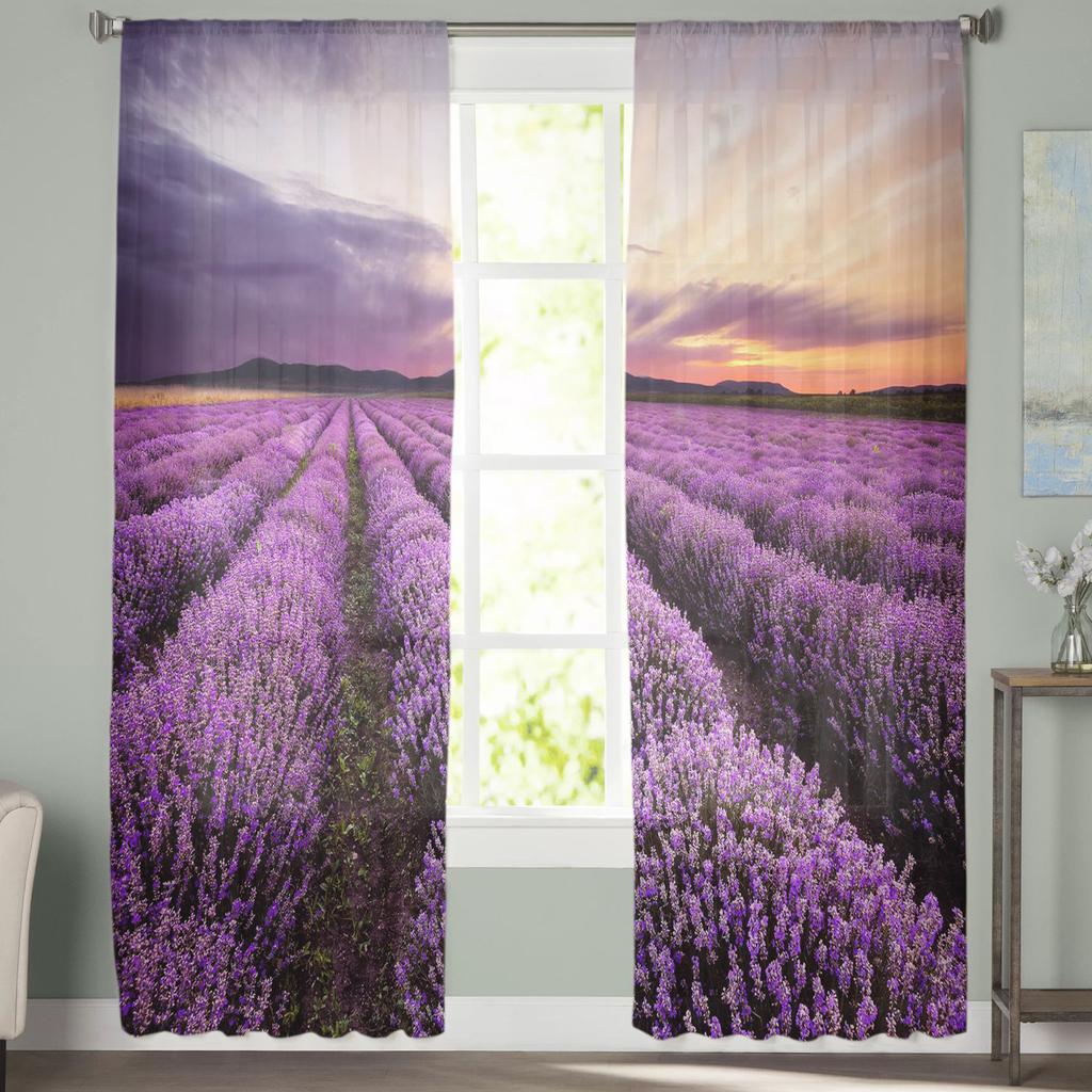 Lavender Sunset Purple Flower Field Tulle Sheer Window Curtains for Living Room Kitchen Children Bedroom Voile Hanging Curtain