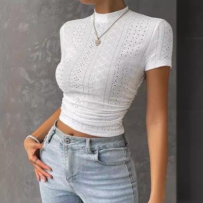 Women's Fashionable Crop Top with a High Neck and Mesh Jacquard Short Sleeved Top