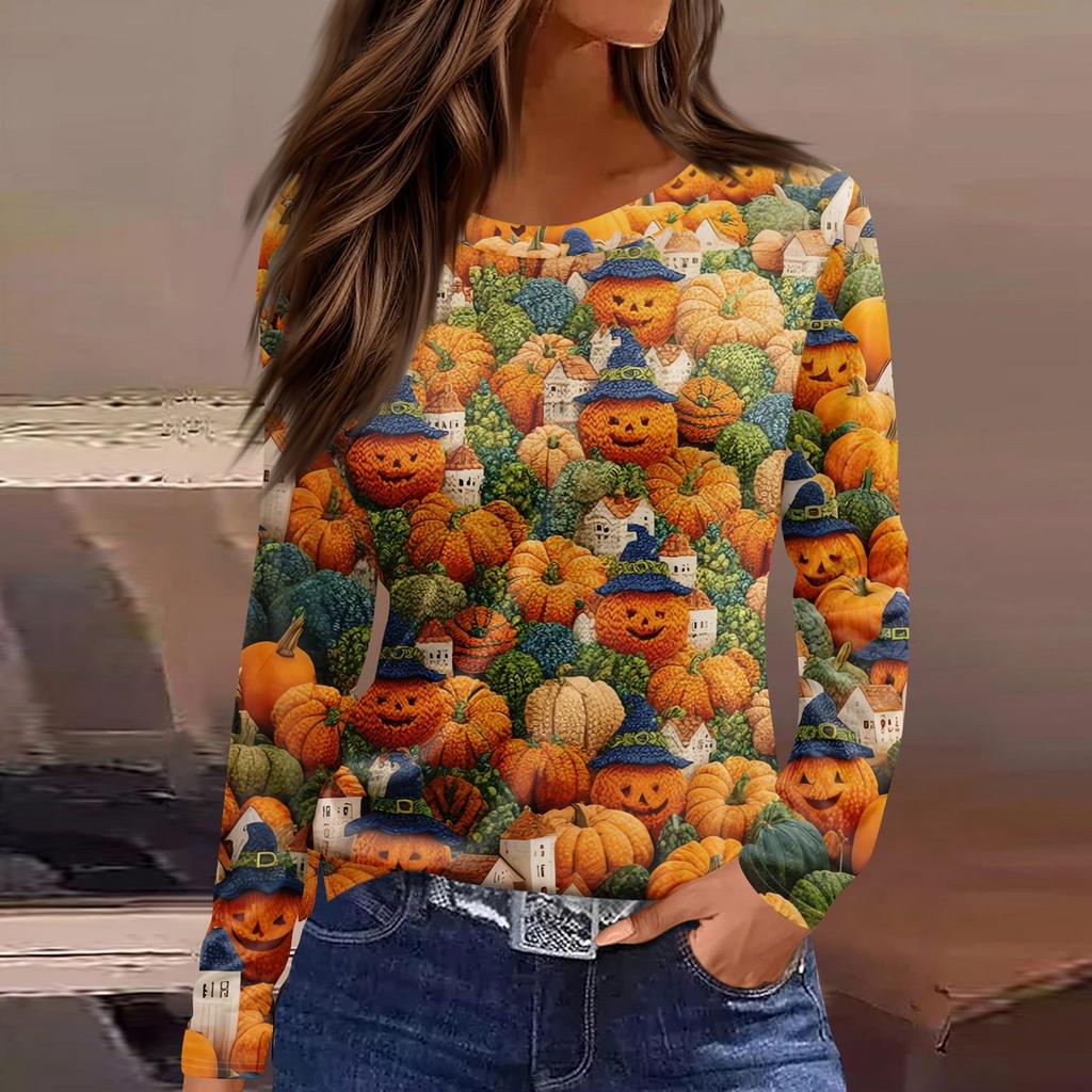 Women's Fashion Casual Slit Hem Round Neck Long Sleeve Loose Halloween Printed T-Shirt Ladies Top