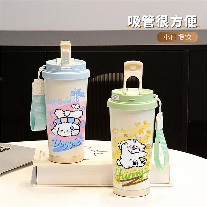 Cartoon puppy thermos cup male and female students cute couple straw large capacity sports coffee cup portable car cup