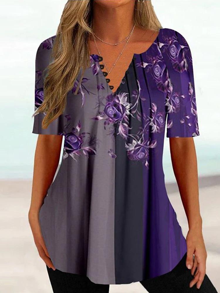 Damen Sommer T-Shirt Blumendruck V-Ausschnitt Kurze Ärmel Damen Top Vintage Mittellanges lockeres Top Damenkleidung