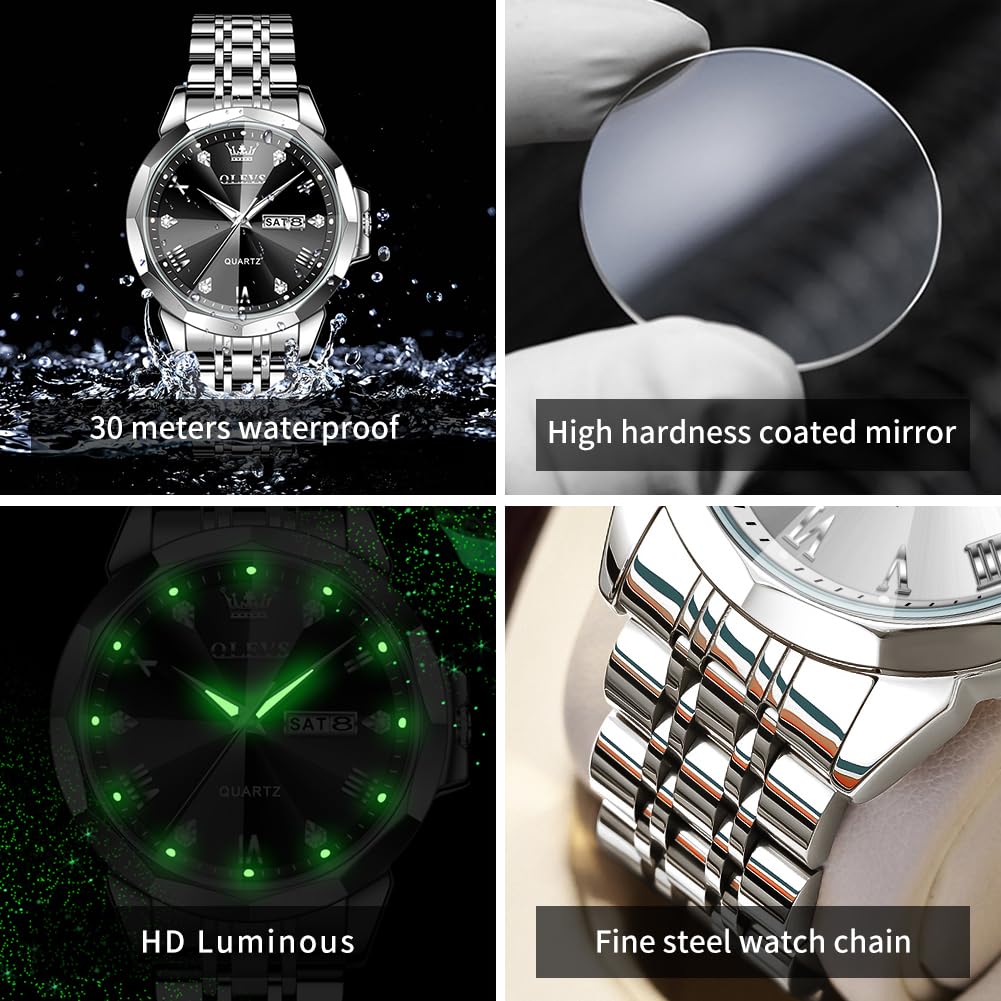 OLEVS Women's Quartz Watch with Scent, Lightweight, Stainless Steel, Date Display, Diamonds, Waterproof, Luminous, Gift, Fragrance Watch, Black