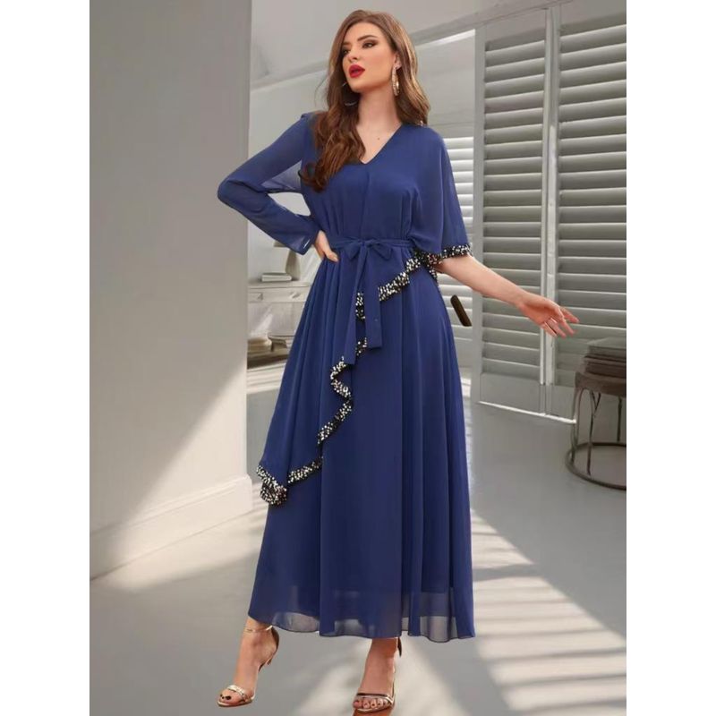 

New Arrival Double-Layer Chiffon Asymmetrical Patchwork Sequin Elegant Dress Chiffon Irregular Dress Lake Blue 2XL
