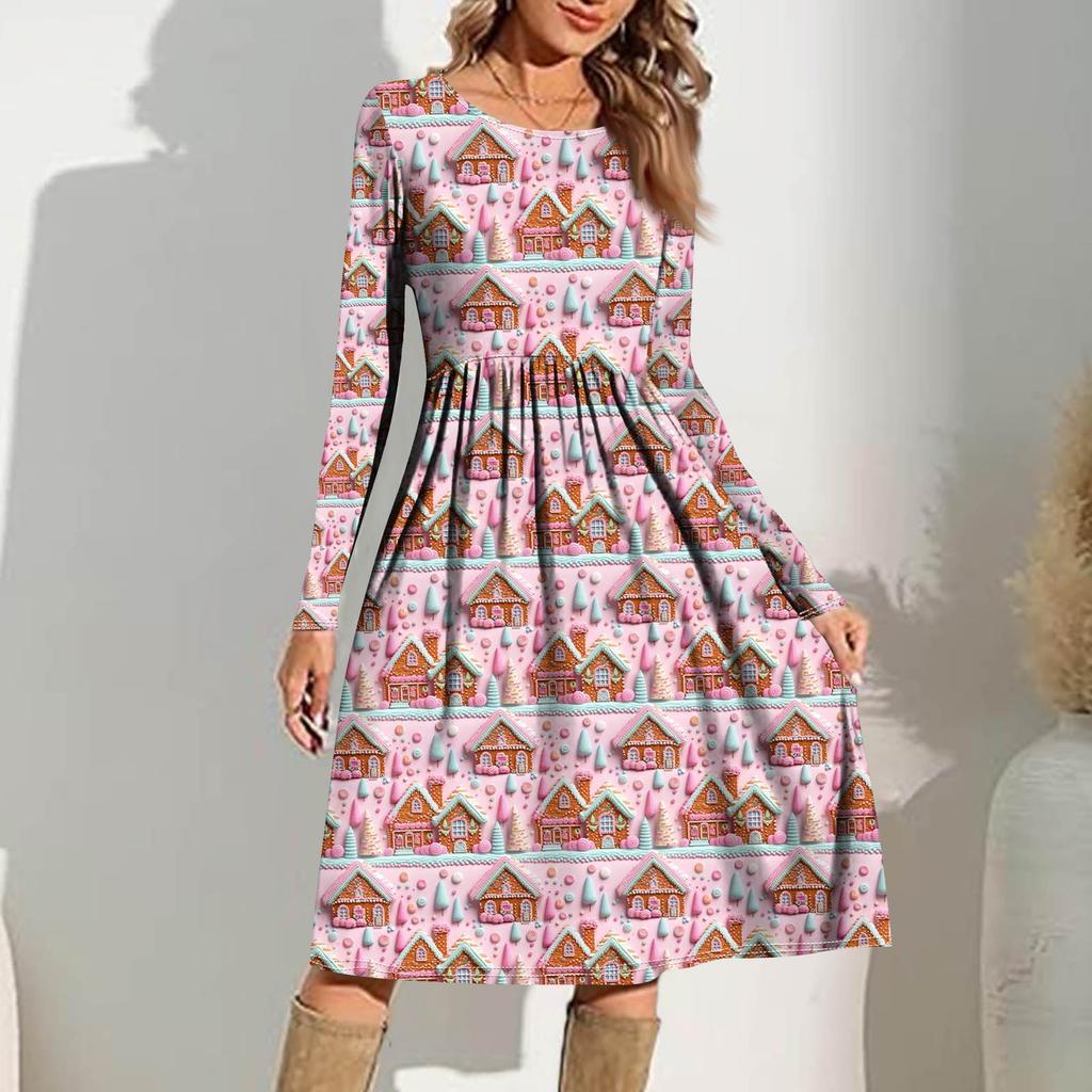 Robe Décontractée Imprimée Dégradé pour Femmes Printemps Poche Col Rond Robes Manches Longues
