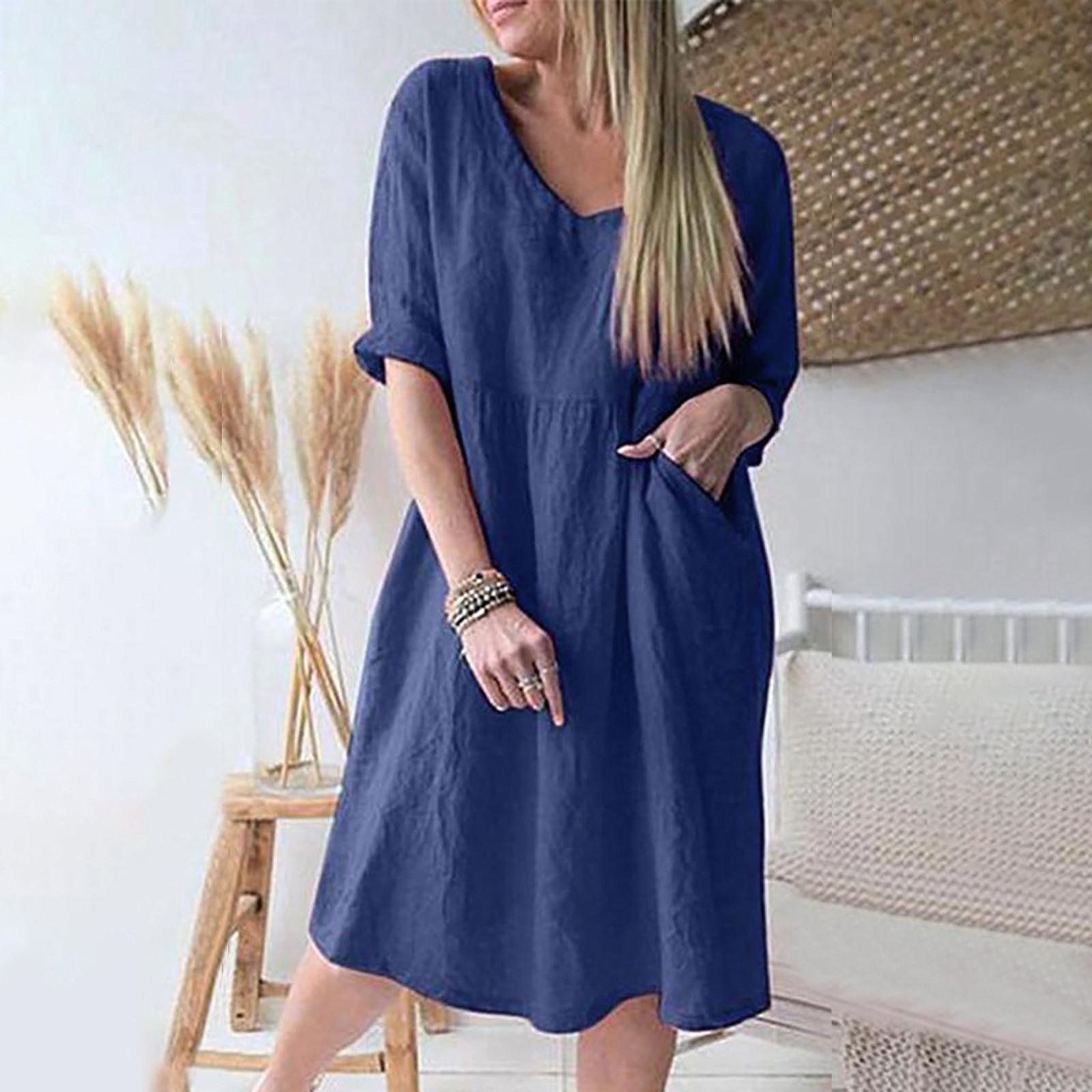 

Womens Casual Dress Color Three-QuarterSleeve V-Neck Knee-Length Dress XXXL Темно-синій