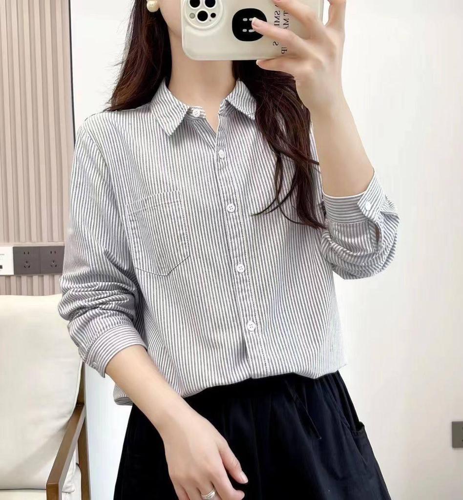 2026 Women's Spring/Autumn College Style White Oxford Shirt with Vertical Stripes – Long Sleeve, Artistic Fresh Trend