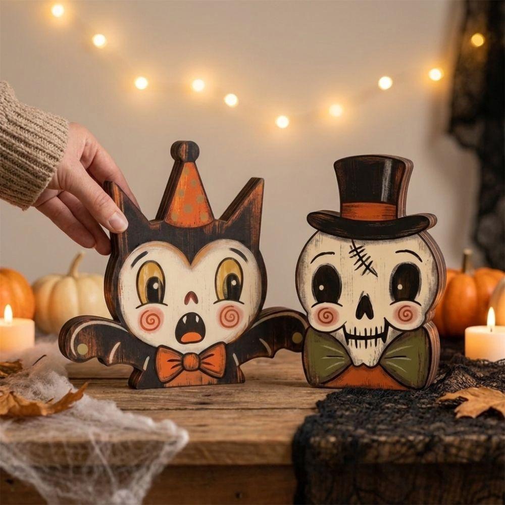 Cartoon Halloween Wooden Tabletop Sign Vintage Bat Black Cat Figurines Tabletop Display