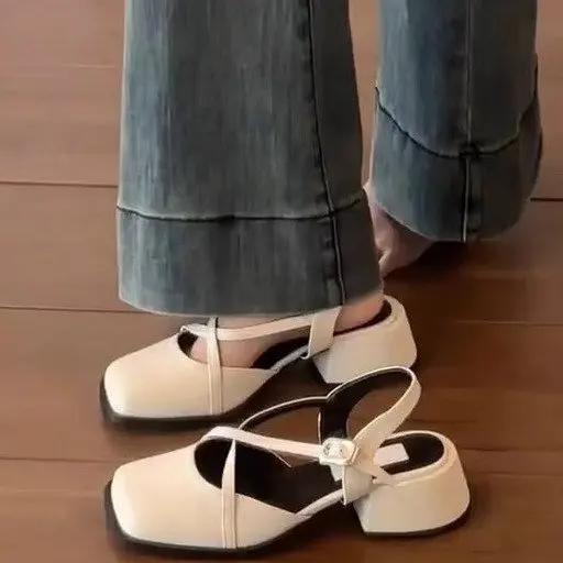 Fashion Designer Cover Toe Women Mary Jane Shoes Fashion Cross Buckle Singbacks Shoes 2025 Spring Female Thick Heel Shoes