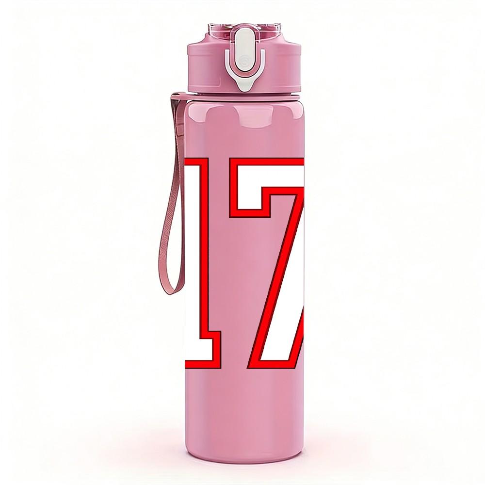 1PC Number Seventeen Red Text Print 750ml Color Plastic Sports Water Bottle Leakproof Flip Straw Lid Suitable for Sports Office Home Use