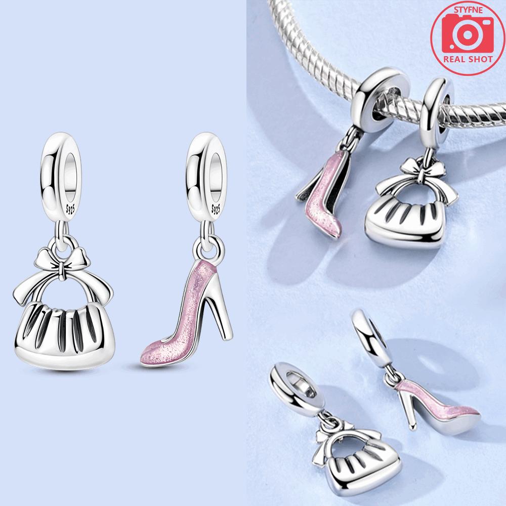 Silver 925 Character and Life Bag and High Heels Combination Pendant Charms Beads Fit Bracelet DIY Jewelry Gift for Women