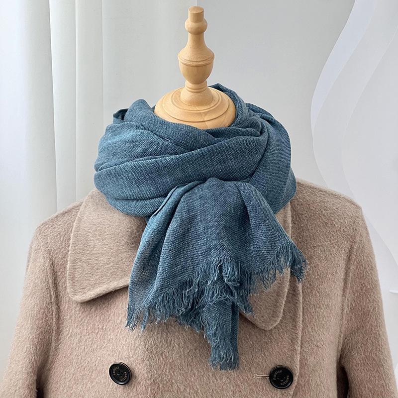 Autumn and Winter Scarf Women's Yarn Scarf New Casual Versatile Solid Color Breathable Rough Edge Warm Scarf Shawl Silk Scarf