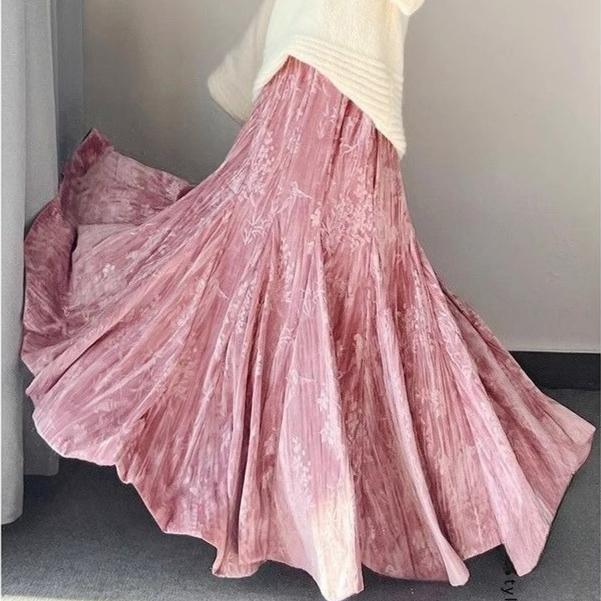 Retro Women's Velvet Long Skirt  Printed Velvet Skirt Autumn and Winter Thick Flared A-Line Skirt