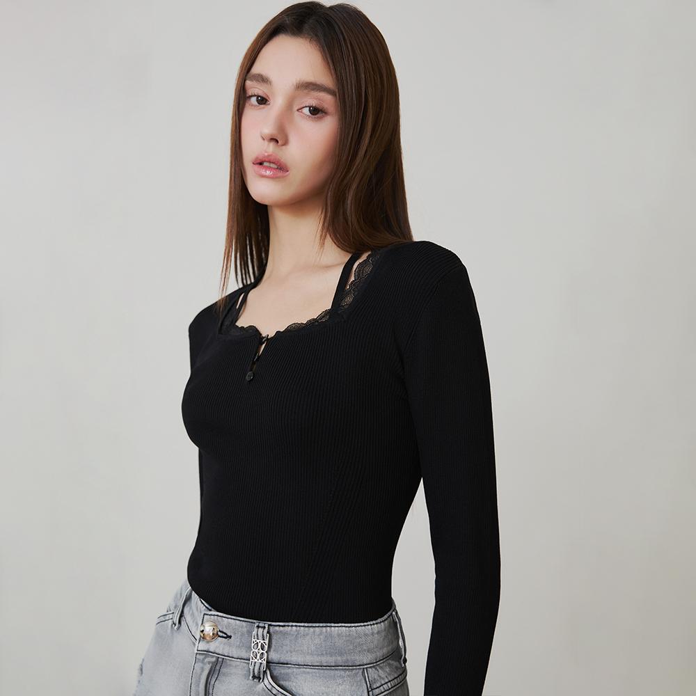 Egoiseuteu [Blue Label] Square Neck Lace Trimmed Knit Top Es2Okl04