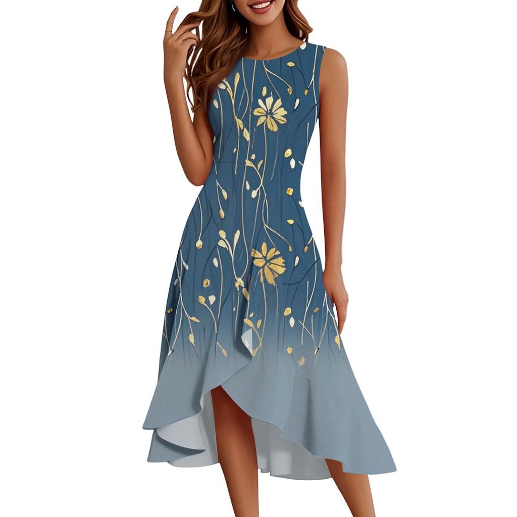 Damenmode Lässig Reißverschluss Ärmellos Rundhals Bedruckt Elegant Temperament Rüschenkleid Kleider