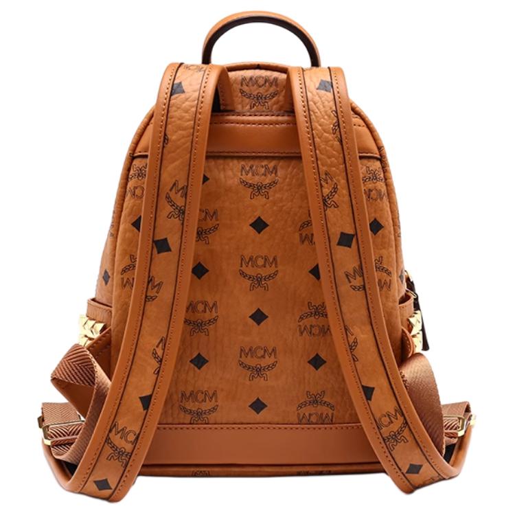 Mcm Stark Classic Vintage Floral Print Double-Sided Rivet Canvas And Leather Backpack Unisex And Couple Style Brown Cognac Color