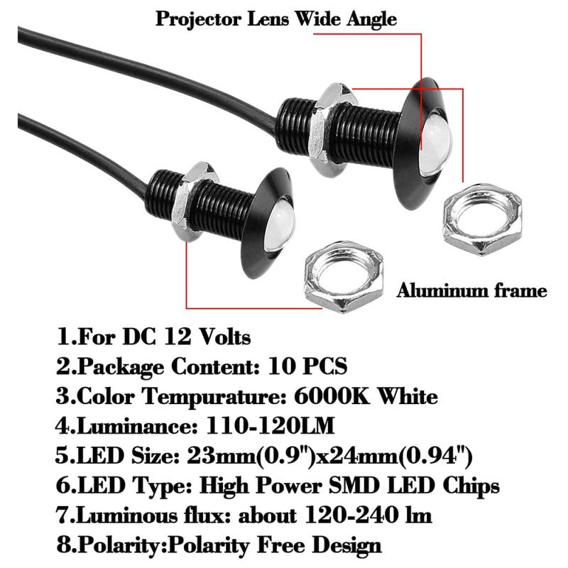10pcs Led Car Light  Bulb 23mm Eagle Eye Light Waterproof Low Power Consumption Daytime Running
