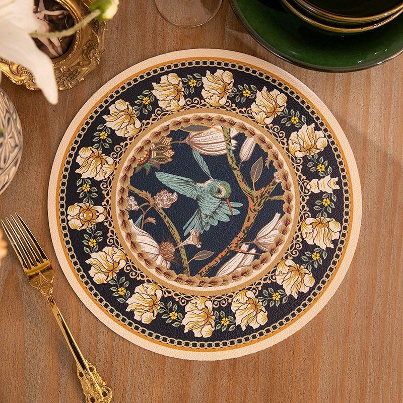 

Round Insulated Dining Table Mat New Chinese Painted Fabric Waterproof Oil-Proof Disposable Desktop Protective Silicone Classy Coasters Summer song-White Peony hummingbird Diameter 30cm