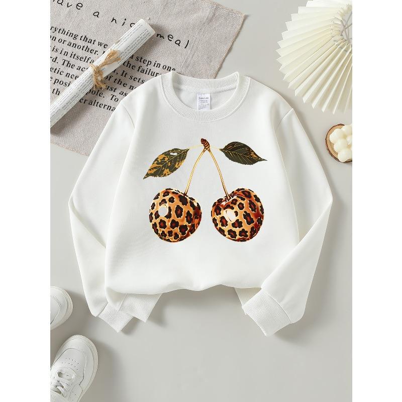 European Sizes Leopard Print Cherries Girls' Long-Sleeve Casual Crewneck Sweatshirt for Outdoor Sports & Everyday Wear