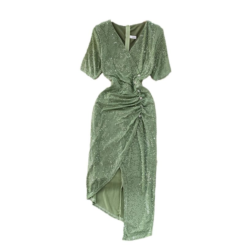 Ruched Women's Bright Silk Irregular Dress Short Sleeve