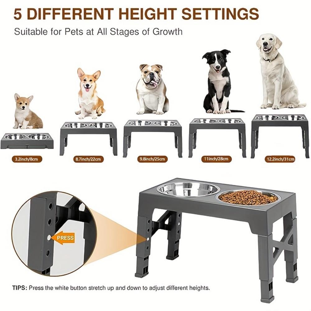 Adjustable Elevated Dog Bowl Stand - 5-Level Raised Feeder With 2 Stainless Steel Bowls Suitable For Improved Digestion And Posture Decor