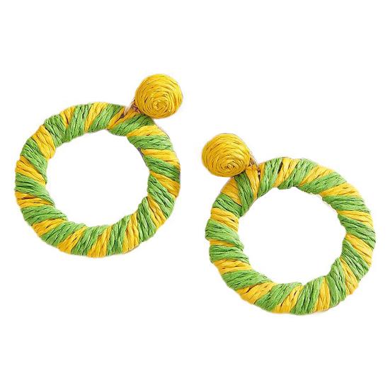 Lightweight Earrings 1 Pair Boho Raffia Circle for Women, Summer Handmade Striped Pattern Straw Rattan Round Drop Dangle Earrings, Statement Tropical