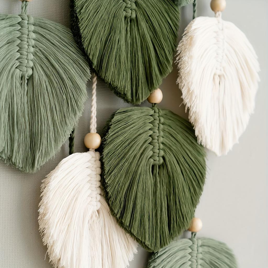 Bohemian Style Wall Hanging Tapestry Handwoven Green Leaf Design for Living Room Bedroom Office Background