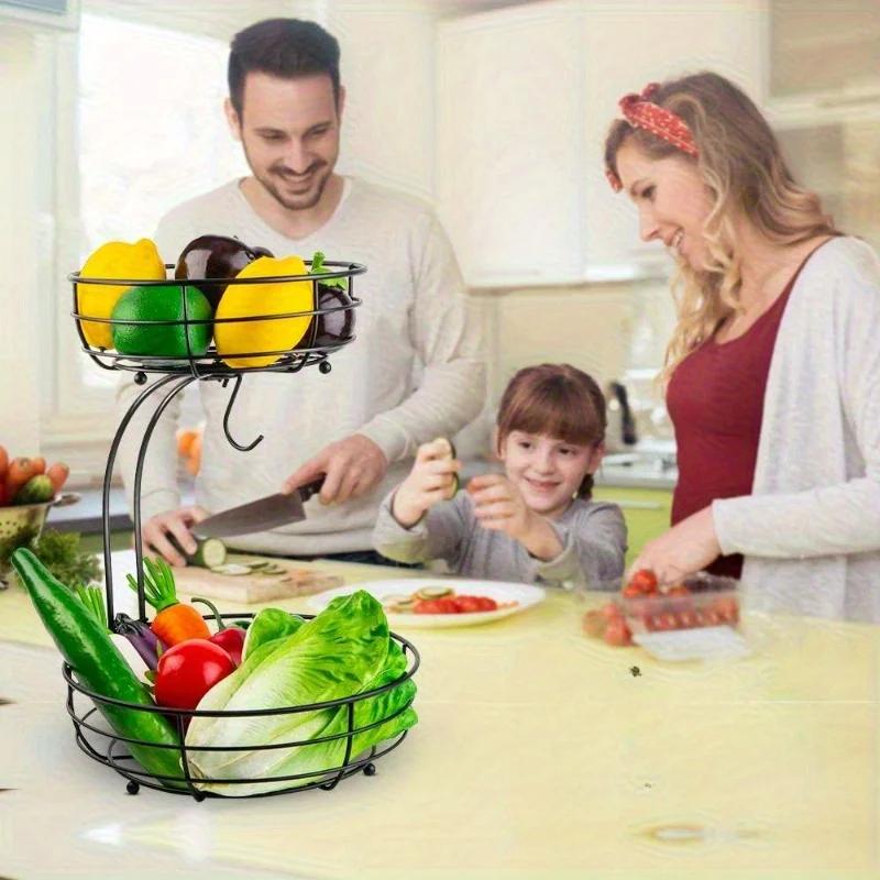 2-Tier Octagonal Stainless Steel Fruit Basket with Detachable Banana Hangers - Space-Saving Kitchen Counter Organizer