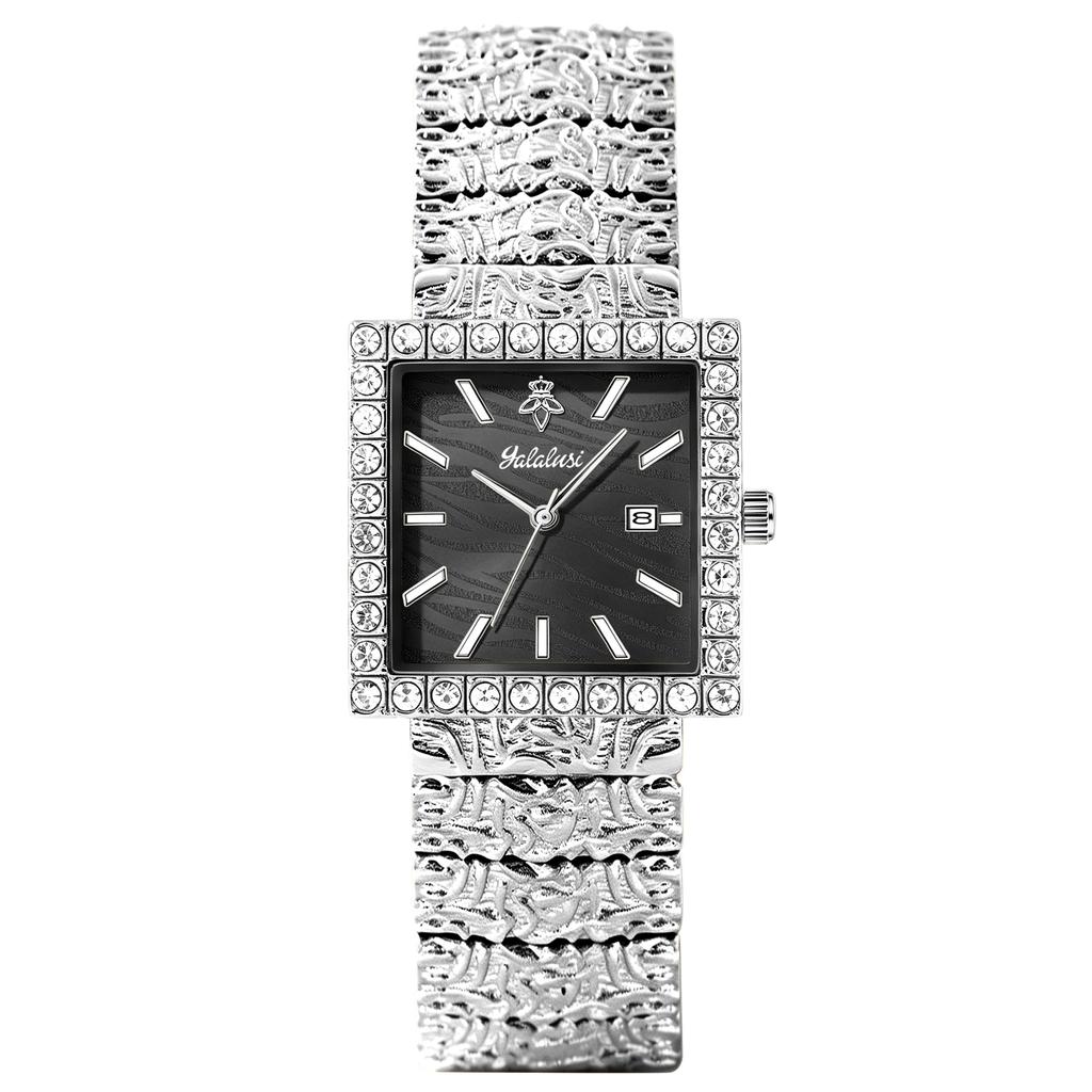 YaLaLuSi Bling Crystal Square Women Watch Gold Embossed Bracelet Date Dial Quartz Wrist Watch Luxury Gift Watch