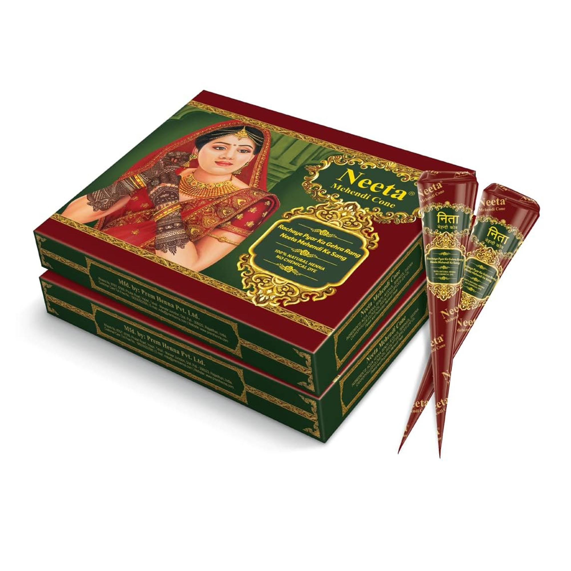 NEETA MEHNDI CONE Natural Hand Design 12 Cones X Pack Of 2 Reddish Brown Long Lasting Festival Wedding Body Art Kit Set