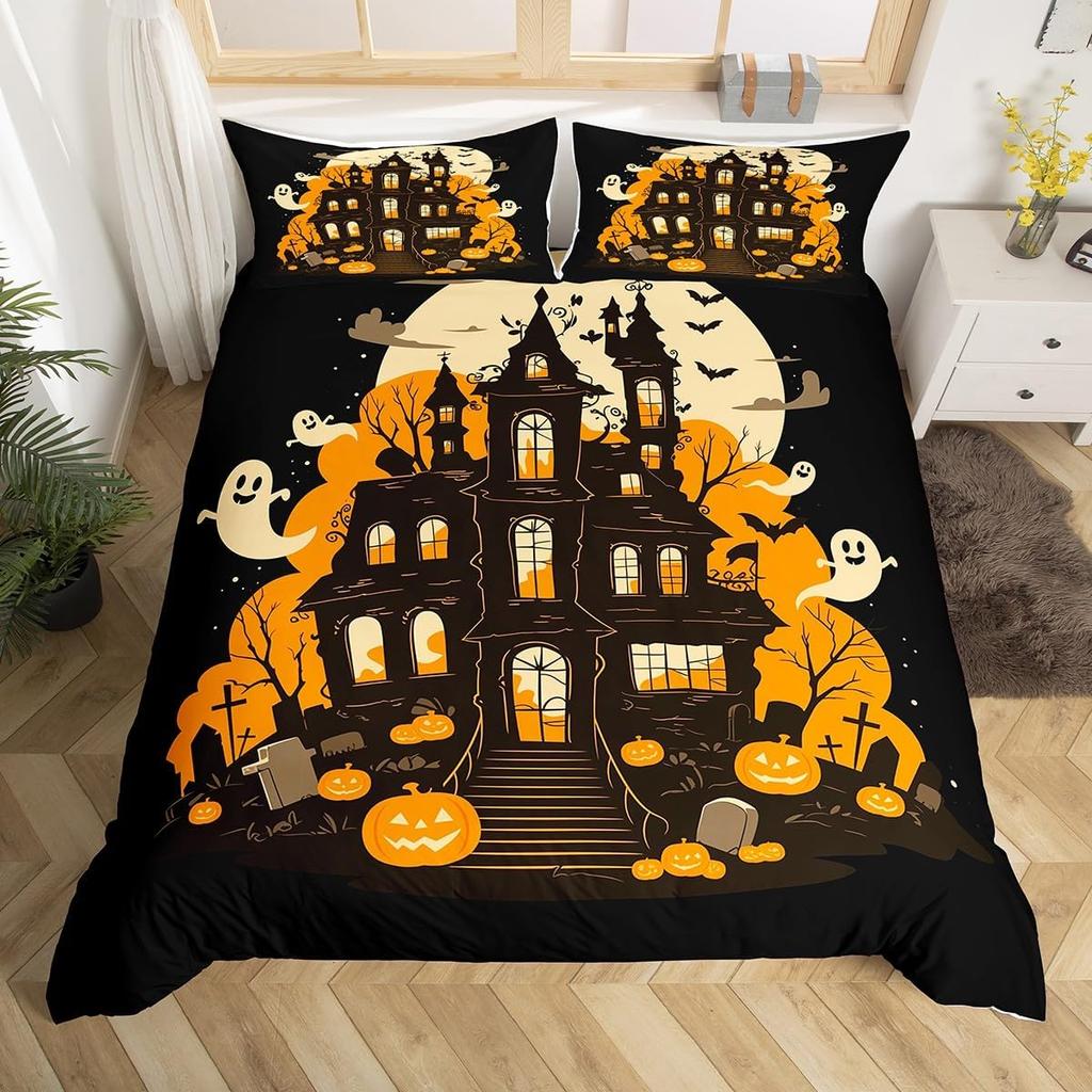 Halloween Bedding Set Full, Pumpkin Lantern Duvet Cover Castle Bat Pattern Comforter Cover, Cartoon Horror Festival Quilt Cover