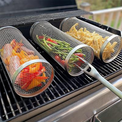 BBQ Rolling Grill Basket Stainless Steel Wire Mesh Barbecue Rack with HooK Portable Outdoor Camping Picnic Cookware Cooking Tool