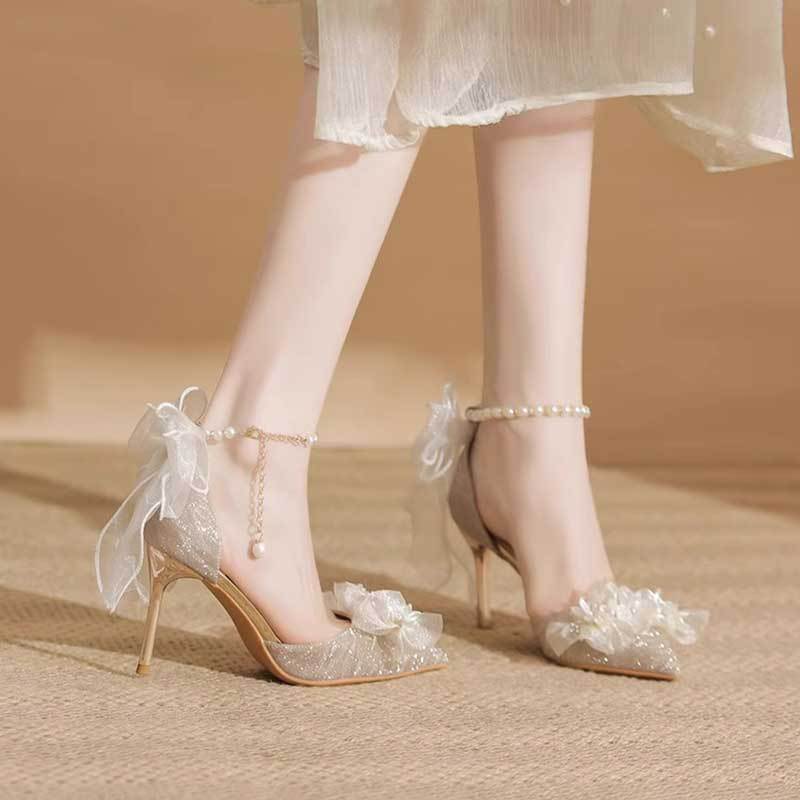 Wedding shoes women's shoes wedding dress two wear silver not tired feet 18-year-old adult ceremony high heels