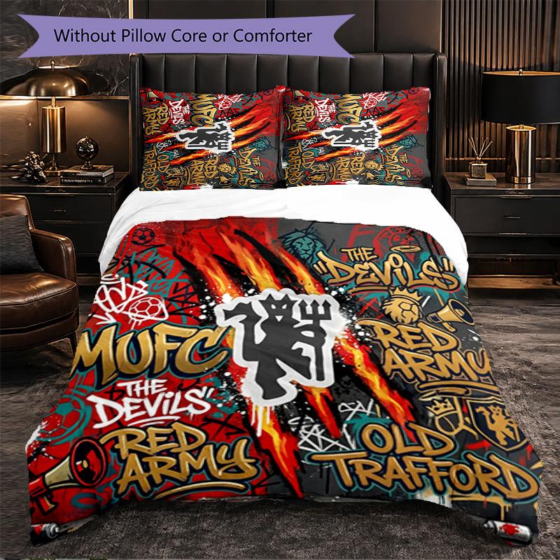 Juego de Cama de 3 Piezas con Patrón del Manchester United Suave Microfibra Funda Nórdica con Fundas de Almohada para Dormitorio