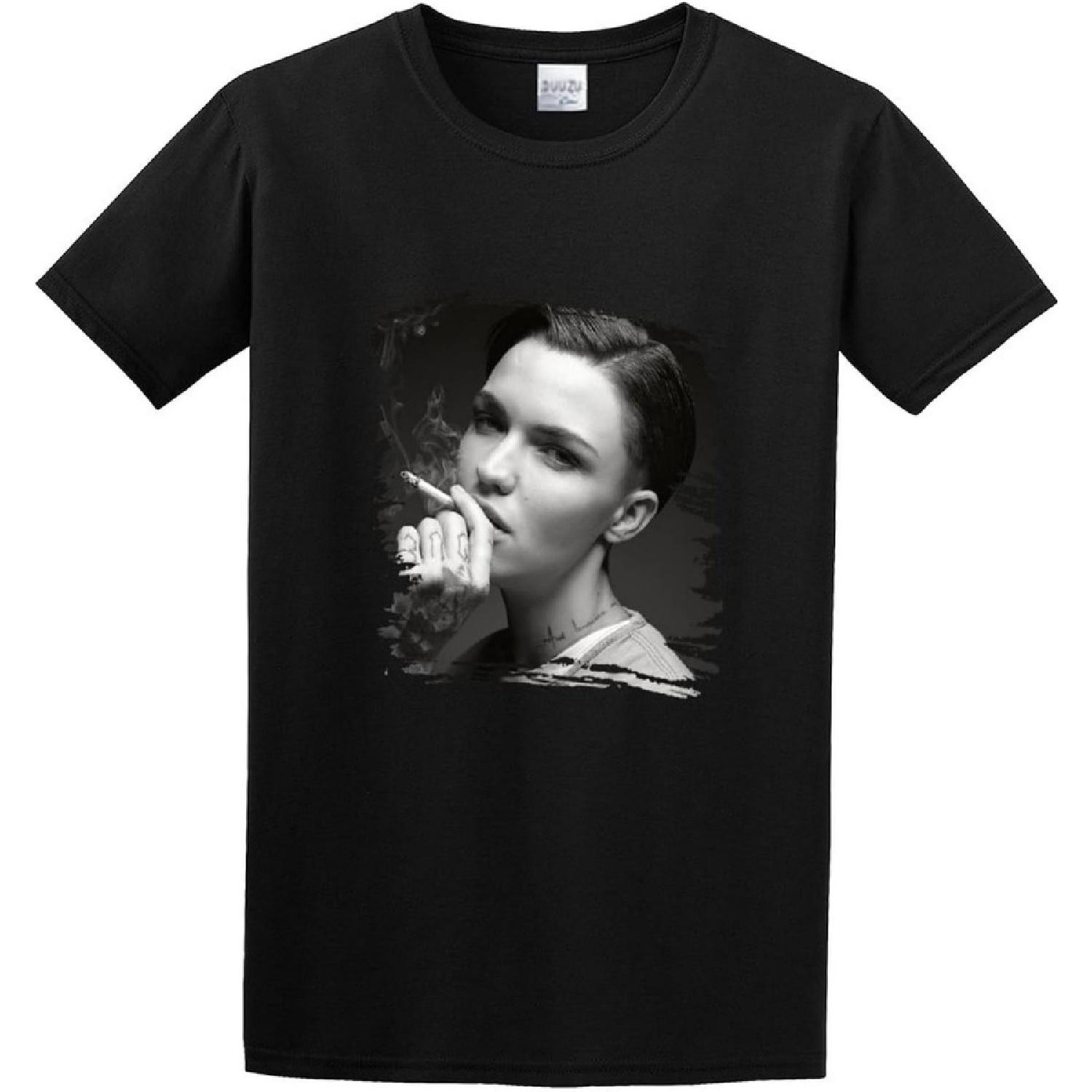 PEACH JO+ Ruby Rose Smking Unisex 100% Cotton Short-Sleeve T-Shirts Black S