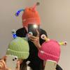 Novelty Knit Beanie Cap for Women with Glowing Antennas Funny Skull Hat Cartoon Frog Pullover Hat Party Cap