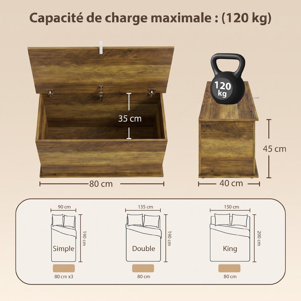 Storage Chest with Hinged Lid, 80 x 40 x 45 cm, Brown