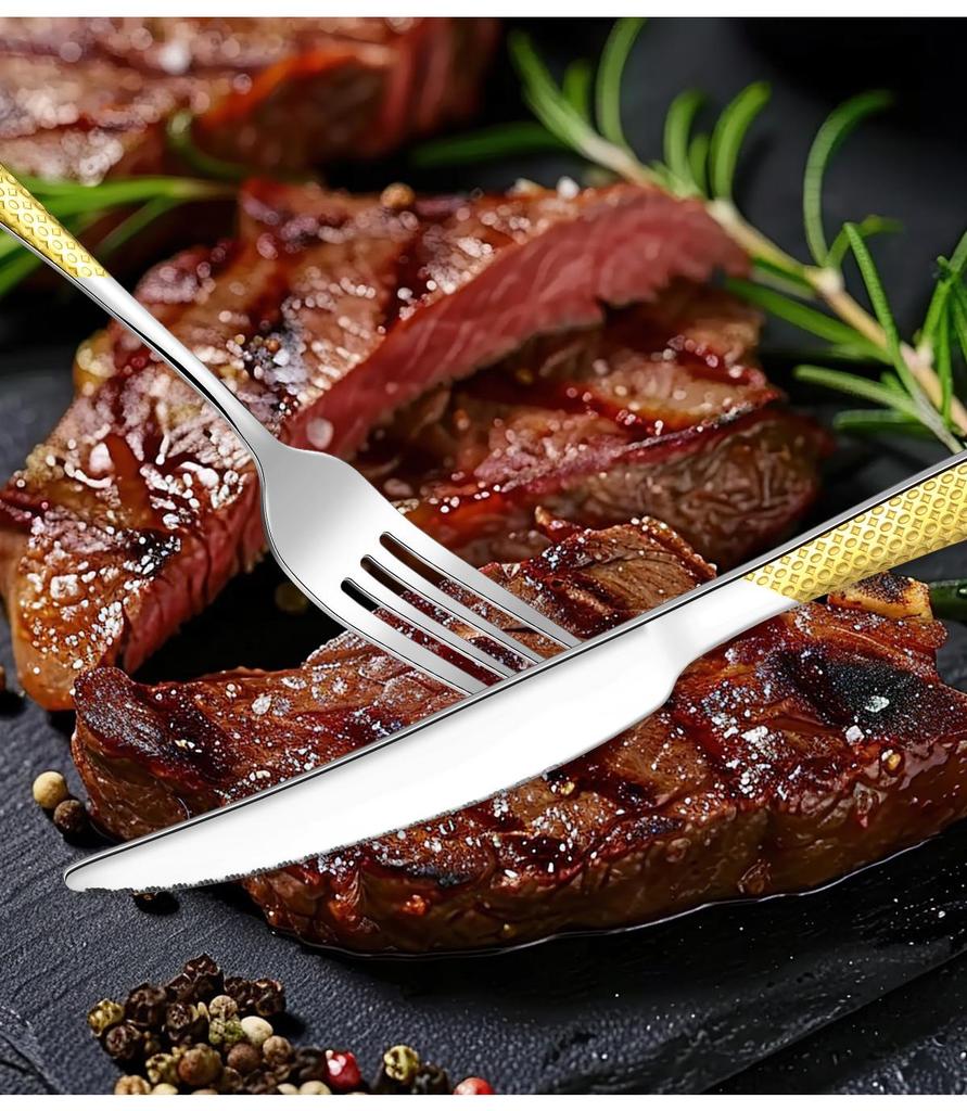 Zestaw 24-częściowej, pozłacanej zastawy stołowej ze stali nierdzewnej o wysokiej wartości: Zestaw noży, widelców i łyżek dla 6 osób, z motywem gwiazdy i diamentu, w pudełku prezentowym.