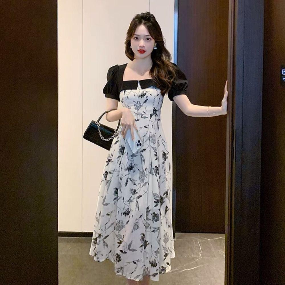 Floral Flower Long Dress Square Neck Short Sleeves Dress Sweet A-line Skirt  Daily