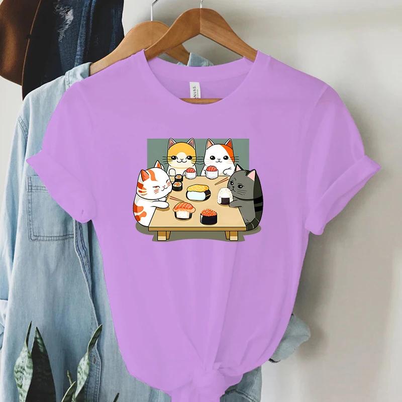 Cat Party Kawaii T Shirt Women Summer Tops Sushi Graphic T Shirts Casual Fashion Tee Shirt Trendy Korean Streetwear Y2k Tees