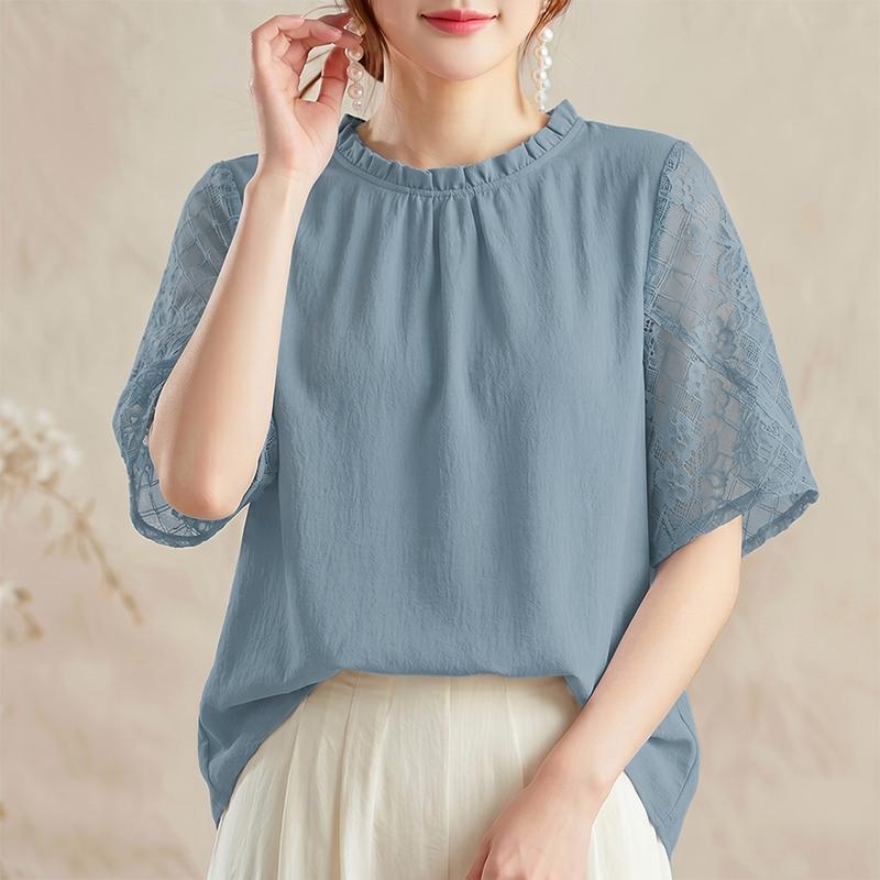ZANZEA Women Casual Round Neck Lace Splice Half Sleeve Blouse