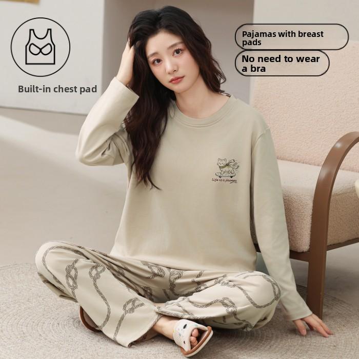 Women Pajama Set with Built in Chest Pads Crew Neck Long Sleeve Top & Pants Cute Print Soft Casual Loungewear Home Sleepwear