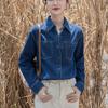New Winter Denim Shirt for Women's Design Niche Retro Hong Kong Style Loose Long-sleeved Polo Collar Top